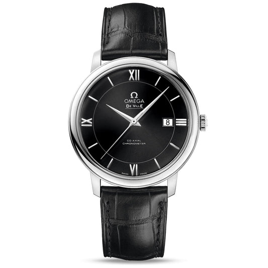 Experience the elegance of the OMEGA De Ville Prestige Co-Axial Chronometer 39.5mm Watch, featuring a black leather strap and a round black dial. This timepiece showcases silver hour markers and hands, a date window at the 3 o'clock position, polished silver casing, and is powered by the distinguished Co-Axial calibre 2500 movement.