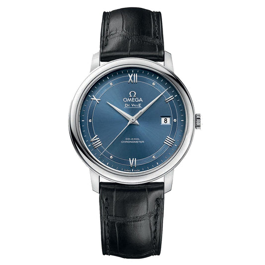 The OMEGA De Ville Prestige Co-Axial Chronometer 39.5mm Watch is an elegant luxury timepiece, featuring a blue dial adorned with Roman numerals, silver hands, and a date window positioned at 3 o'clock. It showcases a stainless steel case paired with a black leather strap and is powered by the dependable Co-Axial calibre 2500 movement.