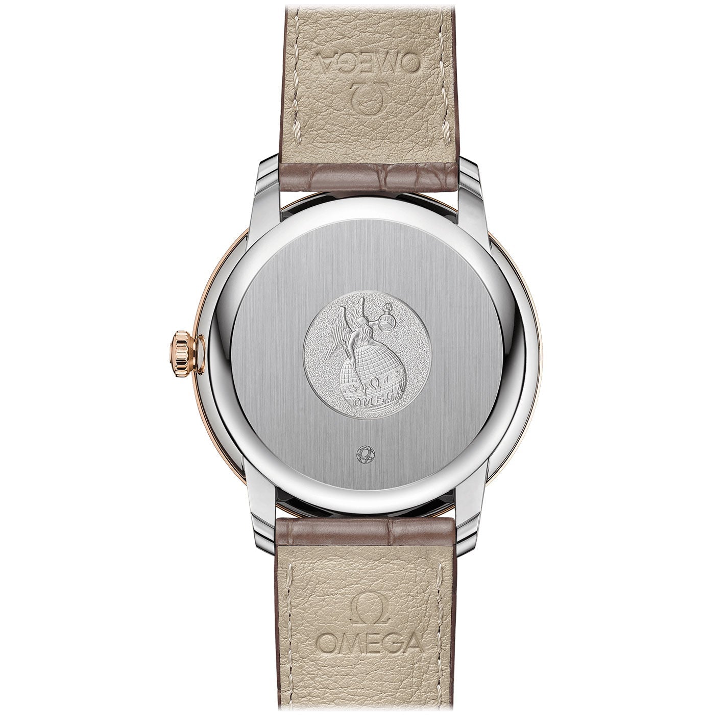 View from the rear of the OMEGA De Ville Prestige Co-Axial Chronometer Power Reserve 39.5mm Watch, featuring a beige leather strap branded with the Omega logo and a metal case back adorned with an image of a horse and rider. This exquisite piece exemplifies sophistication and style as part of the De Ville Prestige collection.