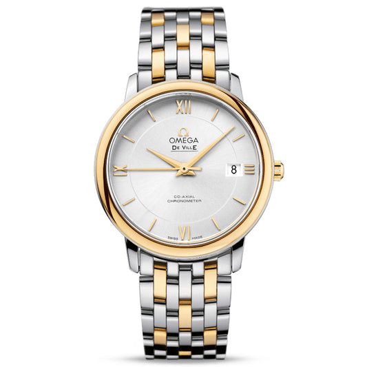 Discover the luxury of the OMEGA De Ville Prestige Co-Axial Chronometer 36.8mm Watch, featuring a sophisticated silver and gold two-tone strap. The elegant white dial is adorned with gold Roman numerals at 12, 3, 6, and 9 o'clock, complemented by gold hands and a date display at the 3 o'clock position. It is powered by the precision-engineered Co-Axial calibre 2500 movement from OMEGA.