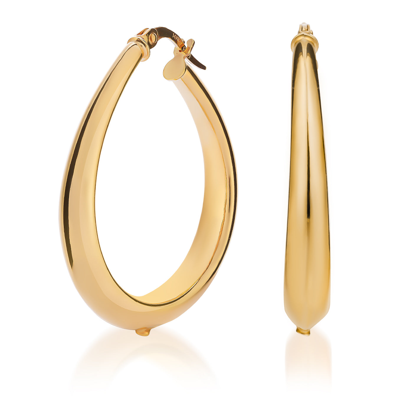 The Raffi&Co. 14K Yellow Gold Hoop Earrings are sleek, teardrop-shaped, and highly reflective against a white background. The left earring is angled while the right is displayed from the side, enhancing their polished finish.