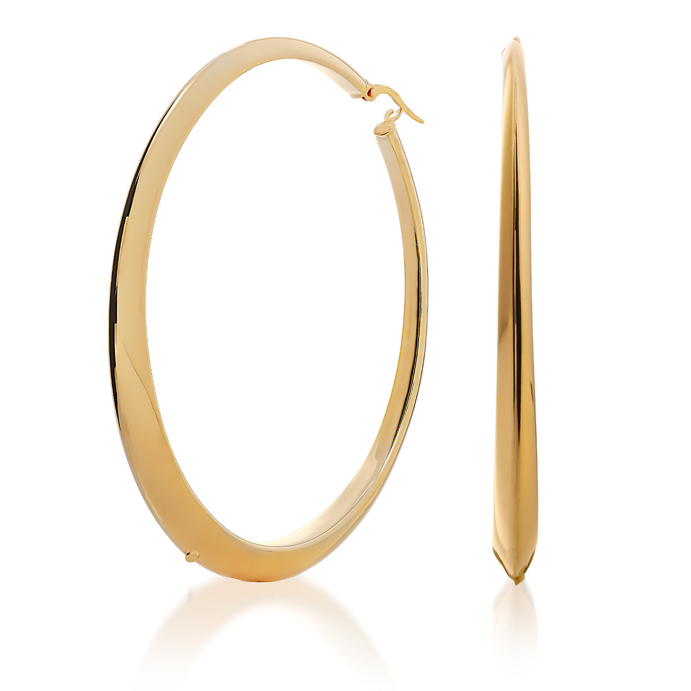 The Raffi&Co.® 14K Yellow Gold Hoop Earrings are displayed, one front-facing and the other side-view, accentuating their circular form and gleaming finish.