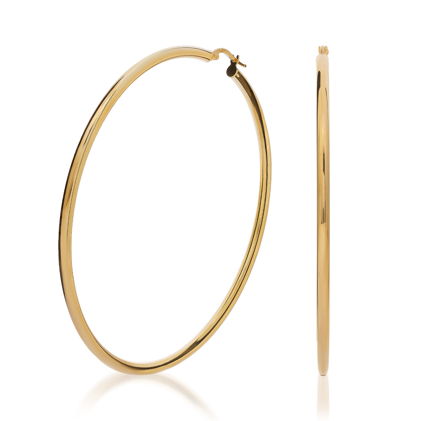 Two Raffi&Co.® 18K Yellow Gold Hoop Earrings are displayed against a white background, one in full circular view and the other side view, showcasing their thin, polished design.