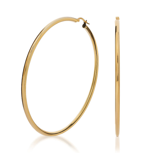 Two Raffi&Co.® 18K Yellow Gold Hoop Earrings are displayed against a white background, one in full circular view and the other side view, showcasing their thin, polished design.
