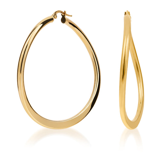 The Raffi&Co.® 14K Yellow Gold Hoop Earrings are displayed with one facing forward and the other from the side, featuring a modern, slightly twisted oval shape and a smooth, polished finish.