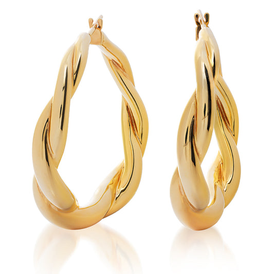 The Raffi&Co.® 14K Yellow Gold Hoop Earrings, set against a white background, elegantly reflect light to showcase their polished surface and smooth curves.