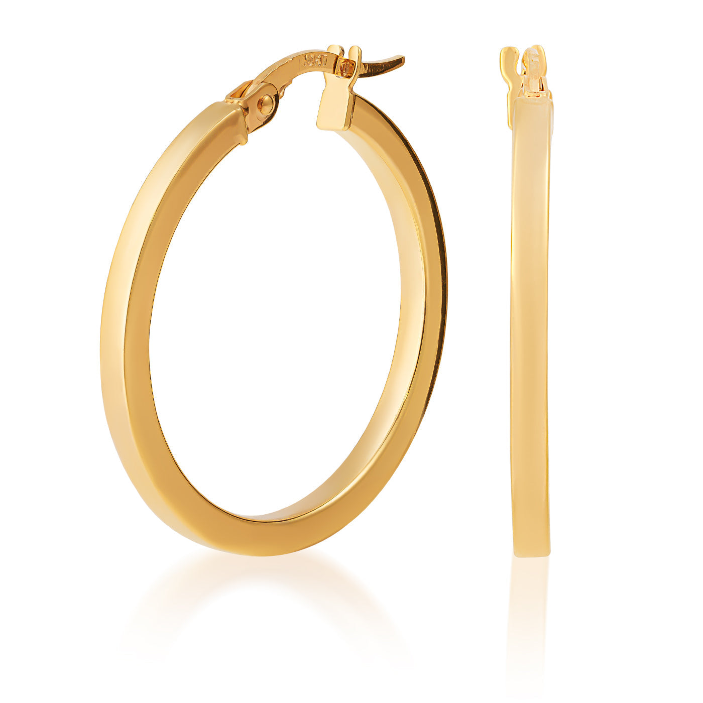 The Raffi&Co.® 10K Yellow Gold Hoop Earrings are shown; one faces forward, showcasing its circular design, and the other from the side, highlighting its slim profile. Both boast a sleek and polished finish.
