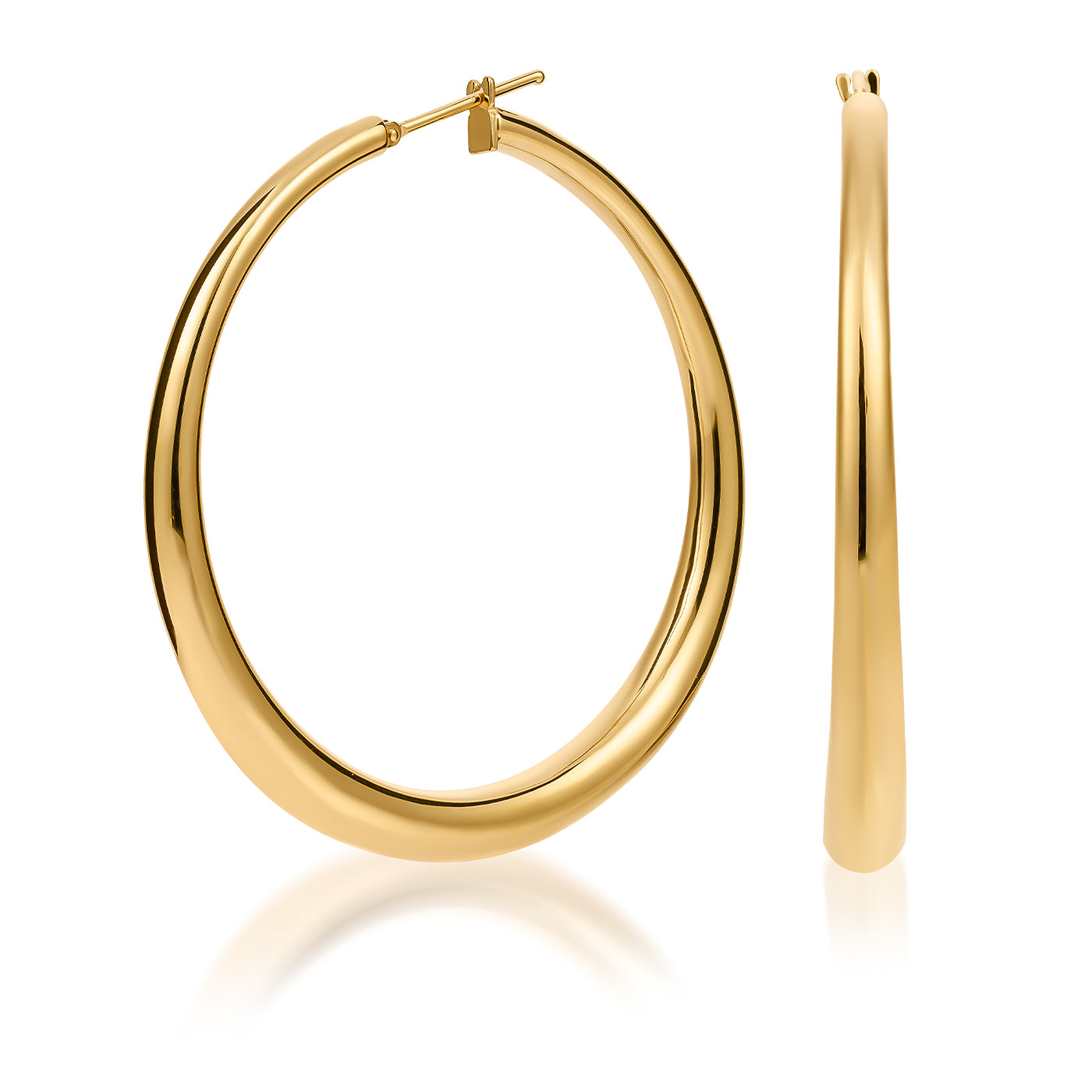 Raffi&Co.® 18K Yellow Gold Hoop Earrings are set against a white background, showcasing one earring from the front and the other from the side to highlight their shiny, smooth surface.