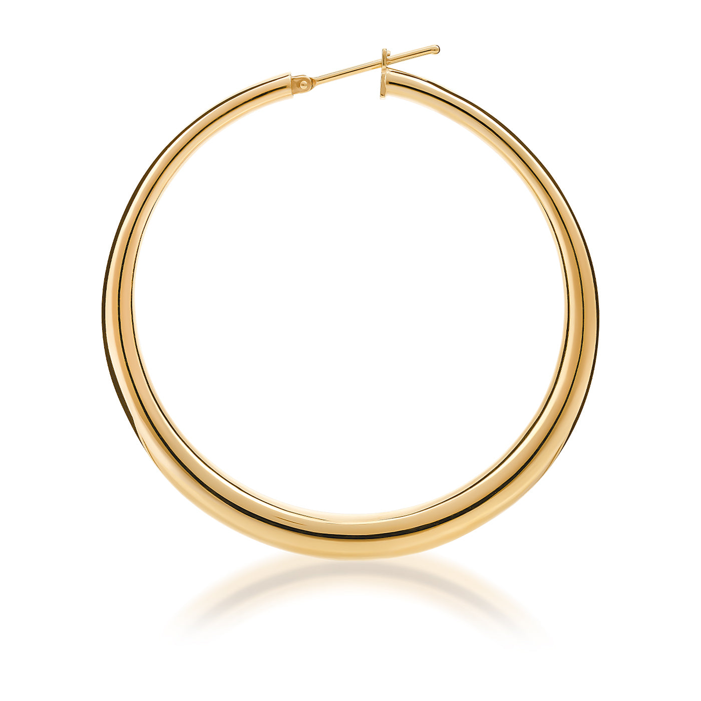 The Raffi&Co.® 18K Yellow Gold Hoop Earring lies on a white background, featuring a smooth, polished finish and simple clasp, casting a faint reflection below.