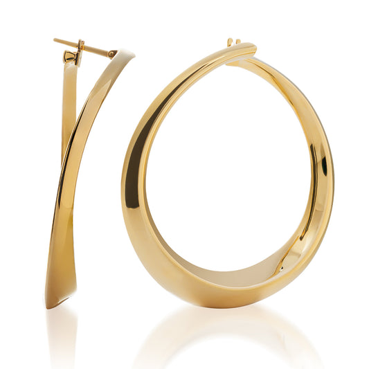 The Raffi&Co.® 18K Yellow Gold Hoop Earrings feature large, shiny hoops with a slight twist design. One earring is shown sideways highlighting its thickness, and the other is shown front-facing to reveal its circular shape.