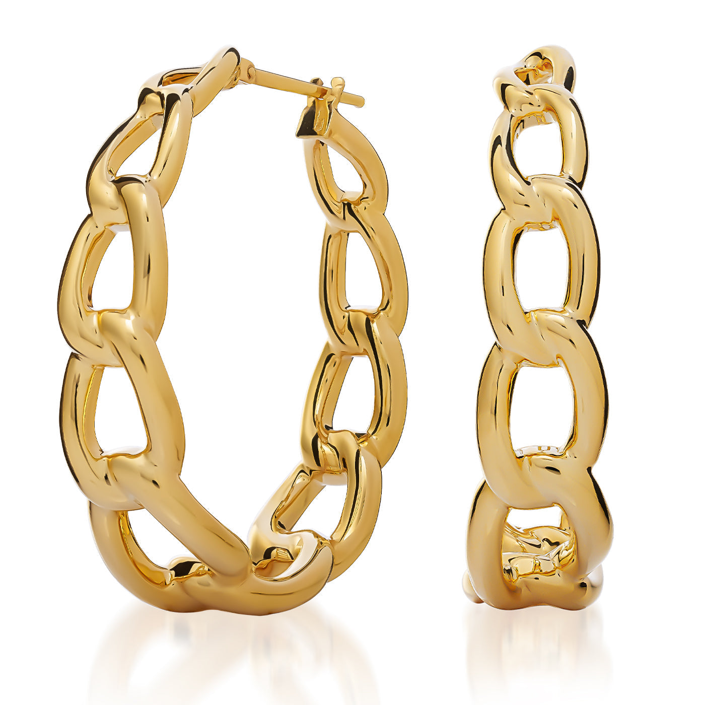 Raffi&Co.® 18K Yellow Gold Hoop Earrings feature a chunky chain link design, displayed upright and side by side to showcase their shiny interlocking links against a plain white background.