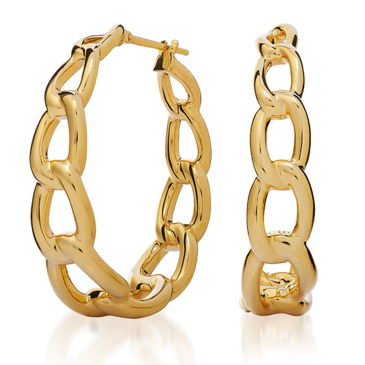 Raffi&Co.® 18K Yellow Gold Hoop Earrings feature a chunky chain link design, displayed upright and side by side to showcase their shiny interlocking links against a plain white background.