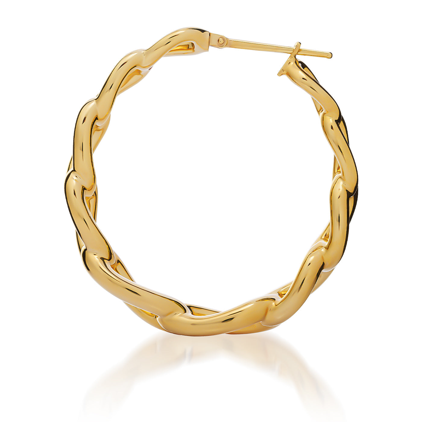 A Raffi&Co.® 18K yellow gold hoop earring featuring a twisted, chain-link design is showcased on a white background.