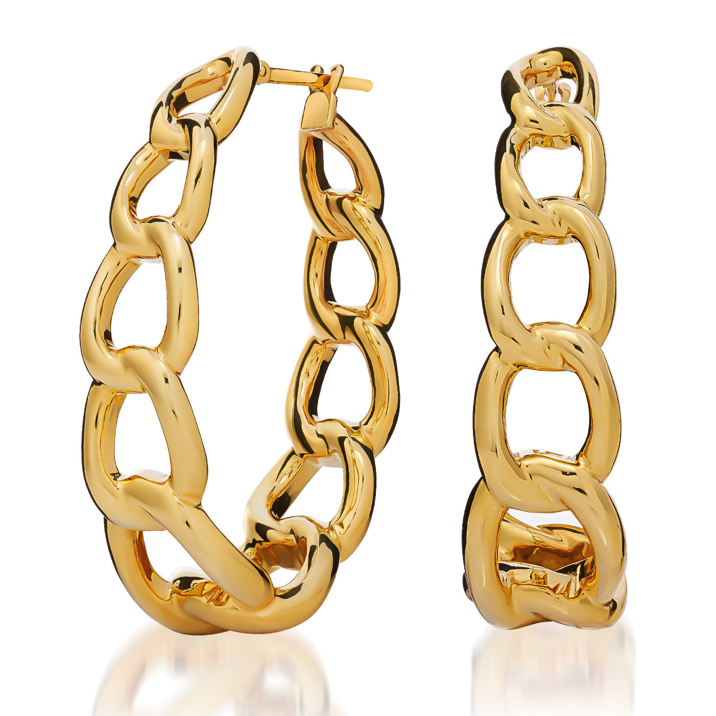 Raffi&Co.® 18K Yellow Gold Hoop Earrings displayed on a white background reveal their shiny, polished surface with interconnected oval links, offering a bold and elegant design.