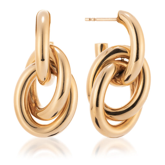 The Raffi&Co® 18K Yellow Gold Earrings boast a timeless design with an intertwined double-loop, featuring a smooth and polished finish. Displayed upright against a white background, they exude elegance and sophistication.