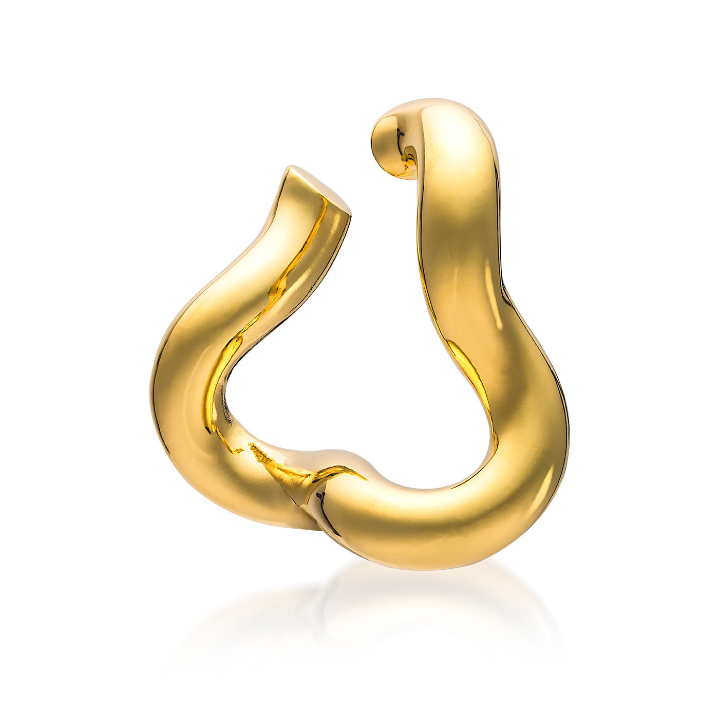 A pair of stunning hoop earrings designed by Raffi&Co., crafted from 18K Yellow Gold, features fluid curves and a loop shape reminiscent of abstract sculptures. Their smooth, reflective surfaces capture light brilliantly, set against a plain white background—truly a masterpiece by Raffi&Co.®.
