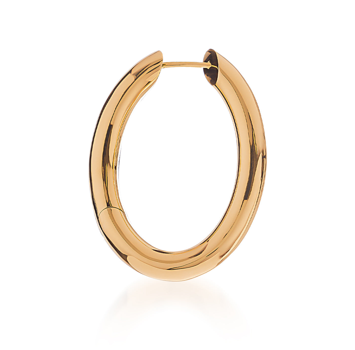 A single Raffi&Co.® 18K Yellow Gold hoop earring placed against a white background, showcasing its sleek oval shape and smooth finish with a hinged closure.