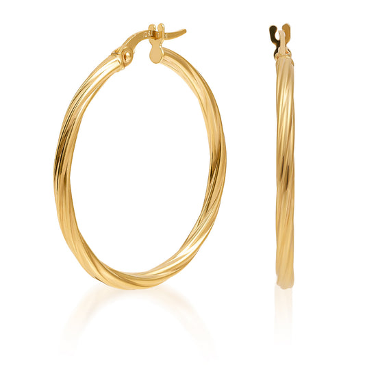 Introducing the Raffi&Co.® 10K White Gold Hoop Earrings, featuring one earring front-facing and the other side-facing, each with a shiny, reflective surface and a latch closure at the top.