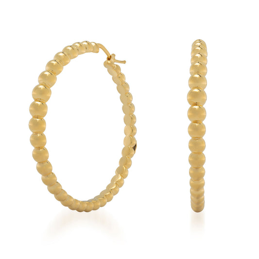 The Raffi&Co.® 18K Yellow Gold Hoop Earrings are elegantly showcased against a simple white background. One earring exhibits its classic circular form in luxurious 18K yellow gold, while the other is positioned to highlight its distinctive bead-like texture.