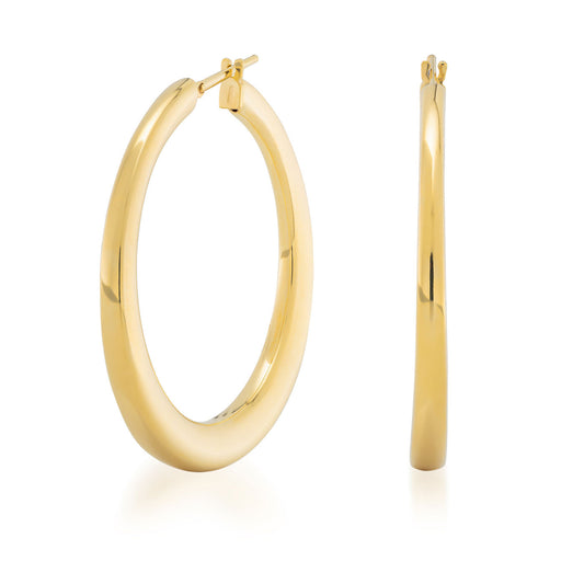 A pair of Raffi&Co.® 18K Yellow Gold Hoop Earrings is featured, showcasing their circular shape with one earring displayed from the front and the other from the side, highlighting its thickness and clasp mechanism. These elegant pieces stand out against a white background in this stunning Raffi&Co jewelry collection.