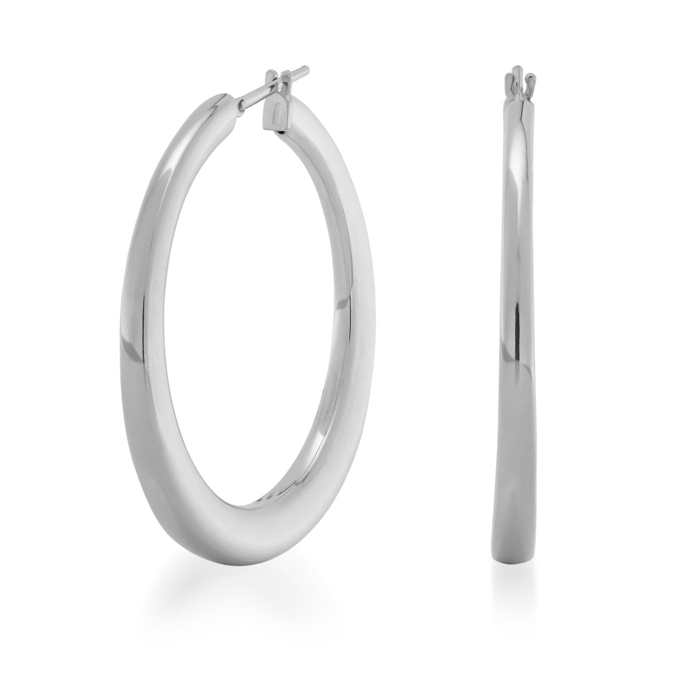 Displayed are the Raffi&Co.® 18K White Gold Hoop Earrings, epitomizing luxury with their polished finish. One earring is shown from the front, emphasizing its circular shape, while the other reveals its slim profile and smooth texture from the side.