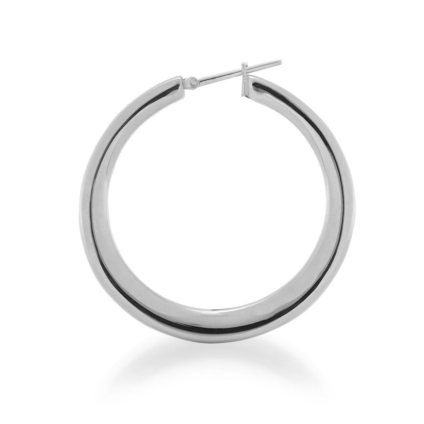 A Raffi&Co.® 18K White Gold Hoop Earring glistens beautifully against a white backdrop. This luxurious piece from Raffi&Co exemplifies fine jewelry with its timeless circular design and smooth finish, complete with a straight post for a secure fit.