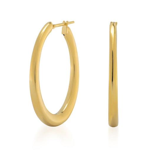 Introducing a pair of Raffi&Co.® 18K Yellow Gold Hoop Earrings, featuring a lustrous finish. One earring is pictured facing forward, showcasing its circular design, while the other is viewed from the side to emphasize its delicate profile. This elegant piece is part of the distinguished Raffi&Co collection and is set against a simple white background.