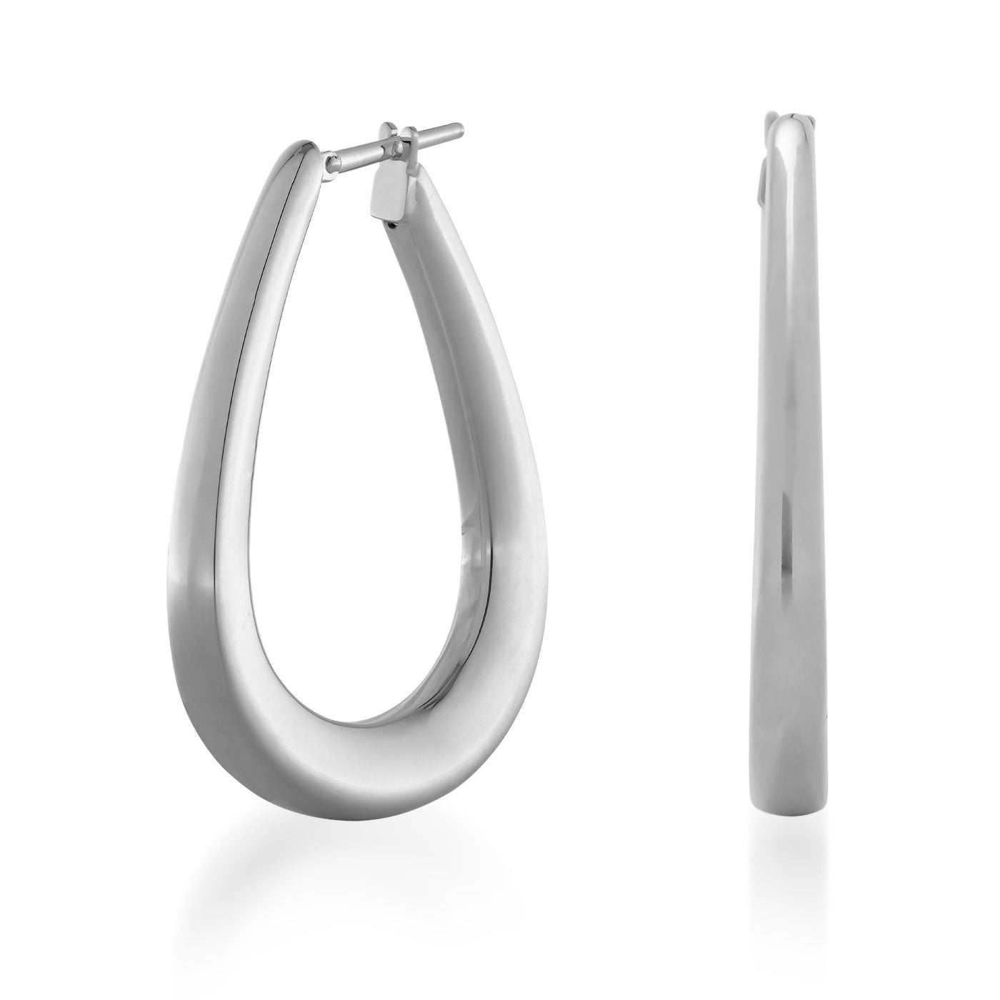 Introducing the Raffi&Co.® 18K White Gold Hoop Earrings, designed by Raffi&Co. These sleek, silver, teardrop-shaped hoops are crafted in luxurious 18K white gold with a smooth, polished finish. Displayed from both front and side angles against a plain white background, they exude sophistication and elegance.