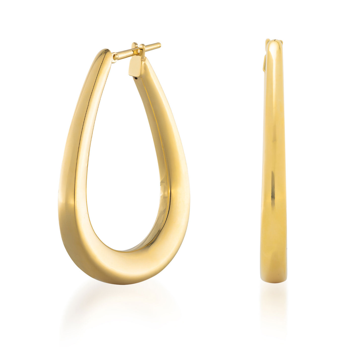 The Raffi&Co.® 18K Yellow Gold Hoop Earrings feature a teardrop shape, with the left earring displayed face-forward to highlight its rounded design and the right earring shown side-on to accentuate its thin profile. Expertly crafted from 18K yellow gold by Raffi&Co, this sophisticated accessory is a perfect addition to any jewelry collection.