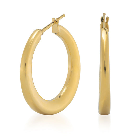 The Raffi&Co 18K Yellow Gold Hoop Earrings are displayed in two perspectives against a white background. One sophisticated earring is shown from the front, while the other is depicted from the side, highlighting their sleek, polished finish.