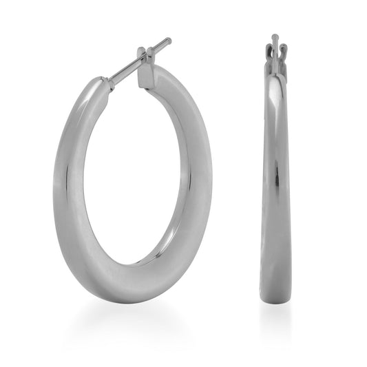 Two views of a luxury jewelry piece from Raffi&Co are showcased against a white background. The shiny, Raffi&Co.® 18K White Gold Hoop Earrings are displayed from the side, highlighting their round shape, while another view emphasizes their thickness and smooth finish. Crafted in 18K white gold, these exquisite hoop earrings exude elegance.