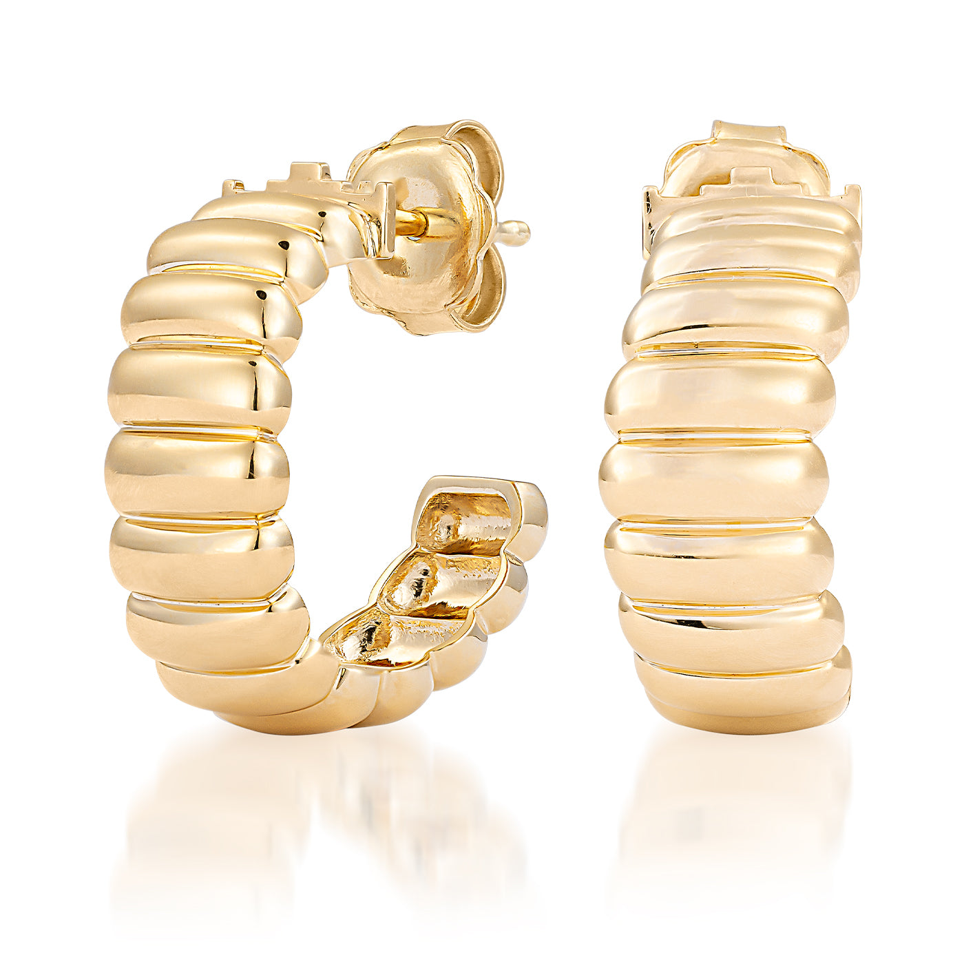 Close-up of Raffi&Co.® 14K Yellow Gold Earrings showcasing their ribbed, segmented design that exudes luxury and sophistication. The shiny finish gleams against the white background, offering both a front and side view.