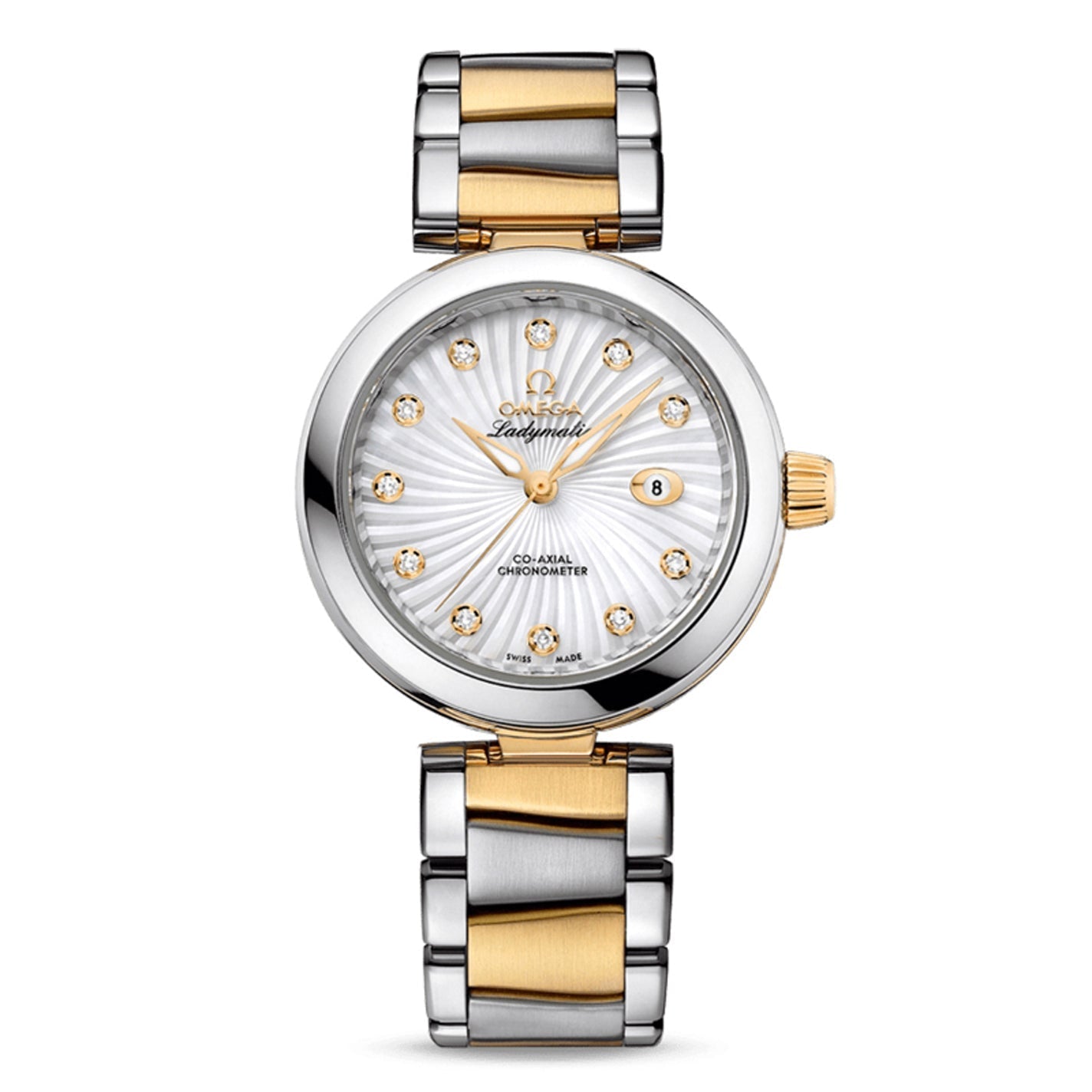 The OMEGA De Ville Ladymatic Co-Axial Chronometer 34mm Watch is a luxurious timepiece featuring a sophisticated two-tone silver and gold metal band. Its round face boasts a textured white mother-of-pearl dial, completed with gold hour markers, a small date window, and a gold crown. Ideal for the sophisticated wearer, this watch effortlessly blends elegance and precision under the renowned OMEGA brand.