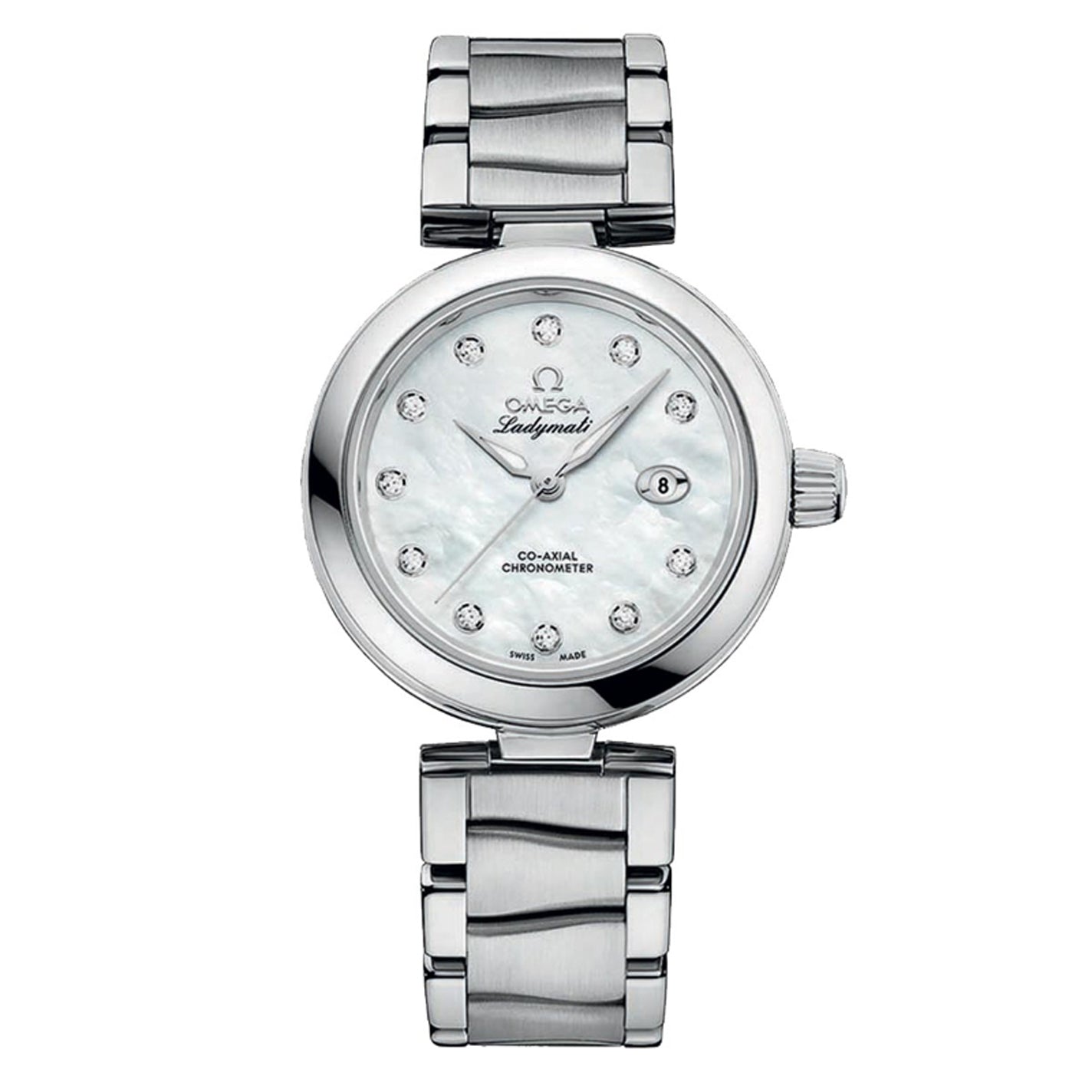 An exquisite women's fashion timepiece in silver, the OMEGA De Ville Ladymatic Co-Axial Chronometer 34mm Watch boasts a stainless steel band and a sophisticated white dial adorned with diamond hour markers. It also features a date window at the 3 o'clock position, with the prestigious "OMEGA Ladymatic" branding on the dial, powered by the renowned Co-Axial calibre 8520 movement.