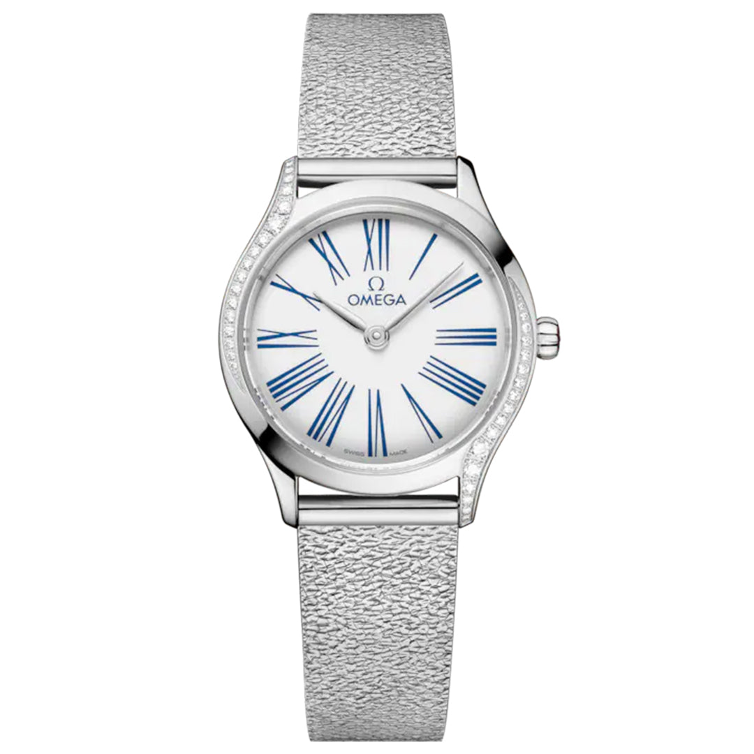 The OMEGA De Ville Mini Tresor Quartz 26mm Watch features a textured stainless steel band, white round dial with blue Roman numerals and hands, and a diamond-accented case.