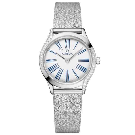 The OMEGA De Ville Mini Tresor Quartz 26mm Watch features a textured stainless steel band, white round dial with blue Roman numerals and hands, and a diamond-accented case.