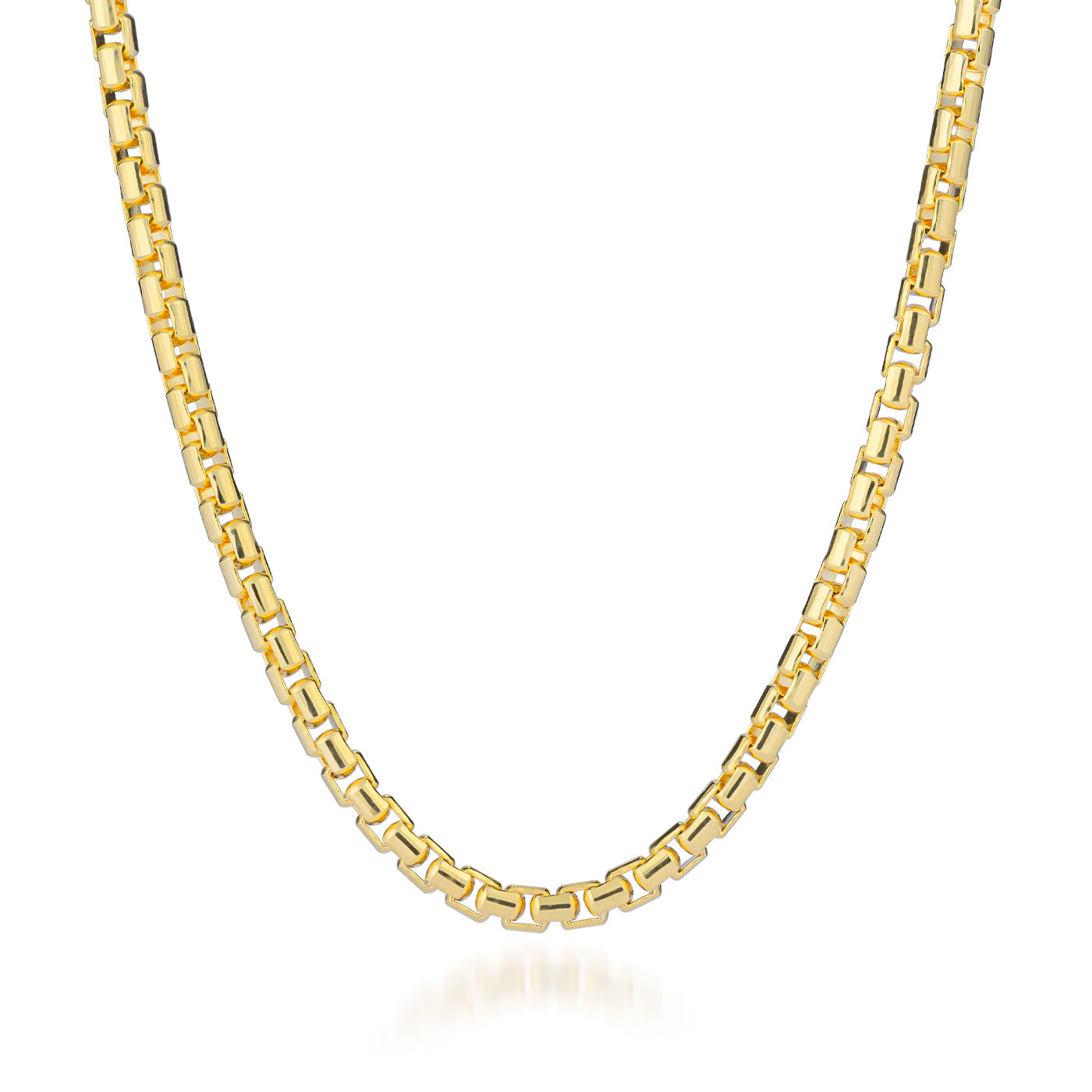 The Raffi&Co.® 10K Yellow Gold 28" Chain Necklace features a gleaming, polished finish with rectangular links arranged in a tidy, uniform pattern. Set against a white background, its sophisticated design naturally catches the eye.