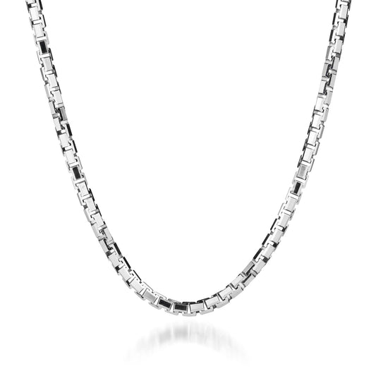 The Raffi&Co® 14K White Gold 22" Chain Necklace features a series of interconnected square links on a white backdrop, forming a gentle U-shape that subtly reflects light with its polished surface.