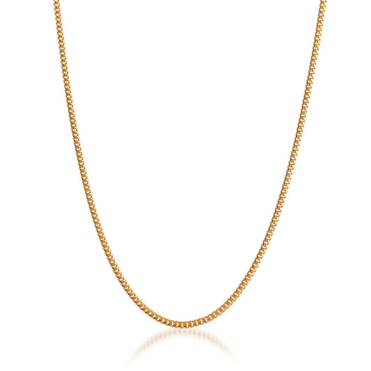 Presenting the Raffi&Co.® 18K Yellow Gold Curb Chain Necklace, an exquisite piece from our Jewelry Collection. Displayed on a white background, the thin and elegant chain features a slightly curved, symmetrical design that reflects a subtle shine to highlight its polished surface.