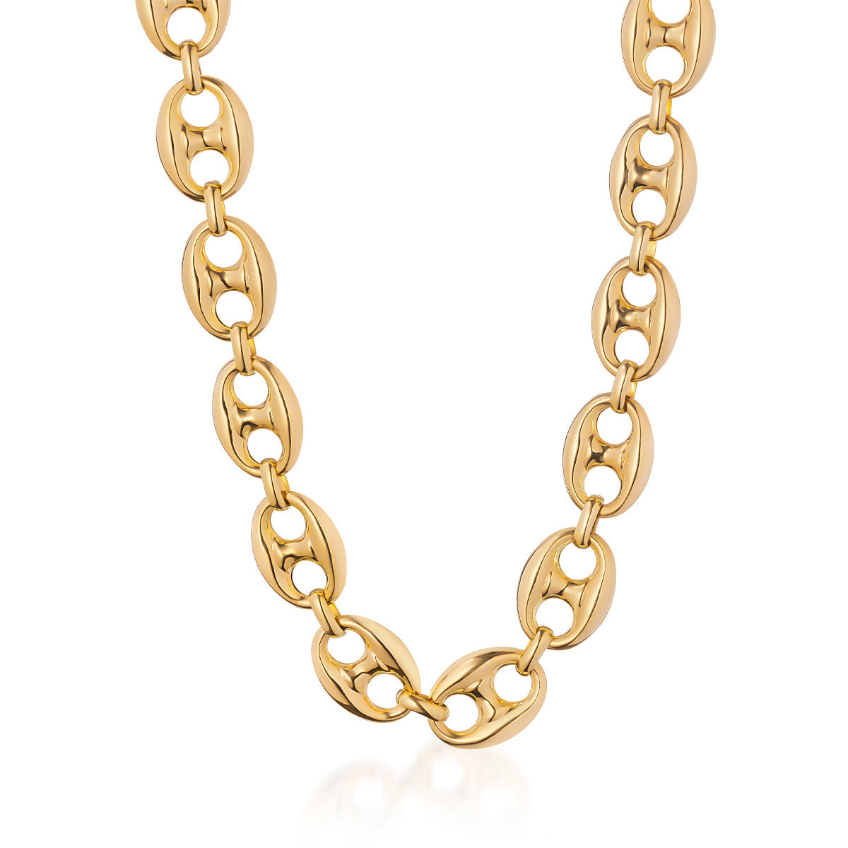 The Raffi&Co.® 14K Yellow Gold Puff Marine Link Chain Necklace features a stylish and elegant pattern with oval links, each containing a smaller circular link inside. Its polished surface enhances its shine and reflects light beautifully against the plain white background, highlighting the necklace's intricate details.