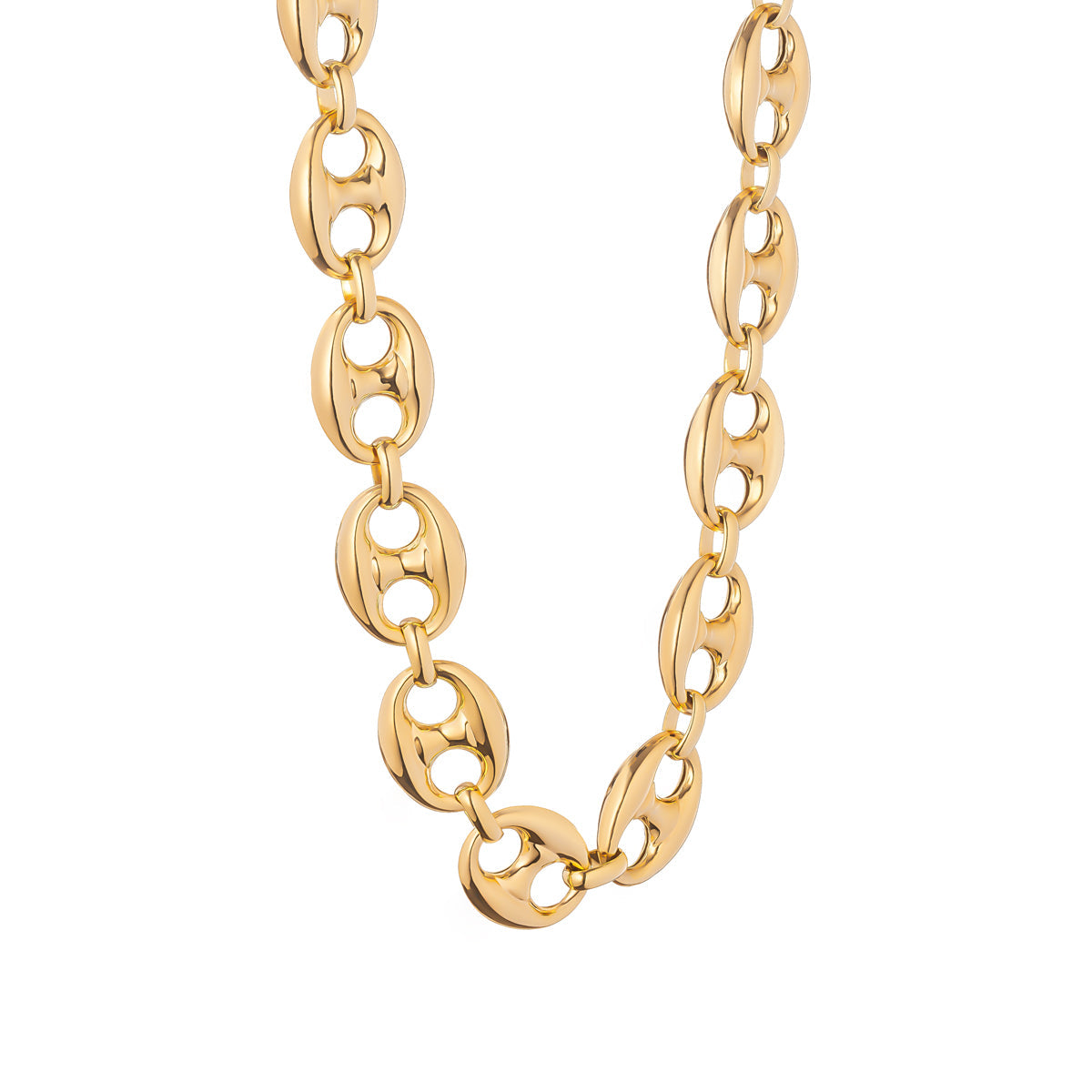 A dazzling Raffi&Co.® 14K Yellow Gold Puff Marine Link Chain Necklace with a polished finish is elegantly arranged in a loose curve against a plain white background.