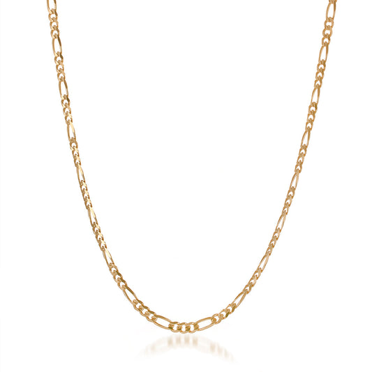 The Raffi&Co.® 18K Yellow Gold Figaro Chain Necklace, with its interlocking links design, radiates timeless elegance against a plain white background.