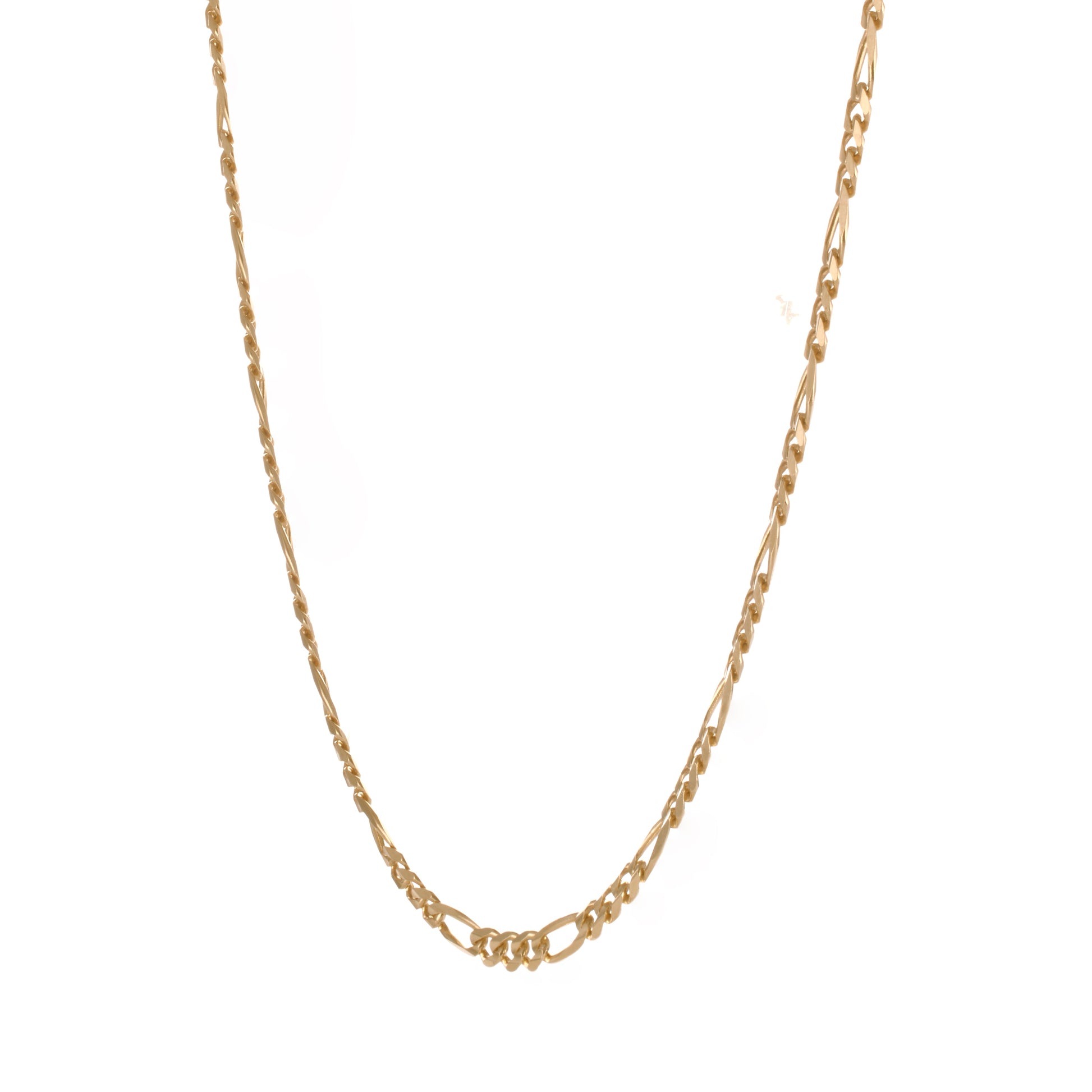 The Raffi&Co.® 14K Yellow Gold Figaro Chain Necklace showcases a refined pattern with alternating small round links and larger elongated links, creating an elegant design. This exquisite piece is beautifully set against a plain white background.