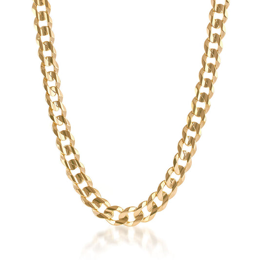 A close-up image of the Raffi&Co.® 14K Yellow Gold Curb Chain Necklace against a white background showcases its thick, interlocked links that exude a luxurious and bold appearance, adding an exquisite touch to any jewelry collection.