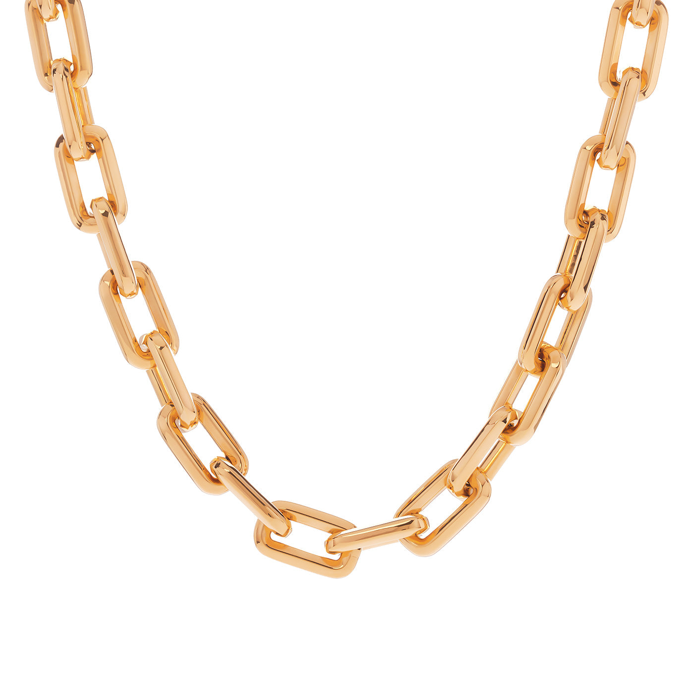 The Raffi&Co.® 18K Yellow Gold 20" Chain Necklace with rectangular links is elegantly presented against a plain white backdrop, highlighting its timeless appeal.