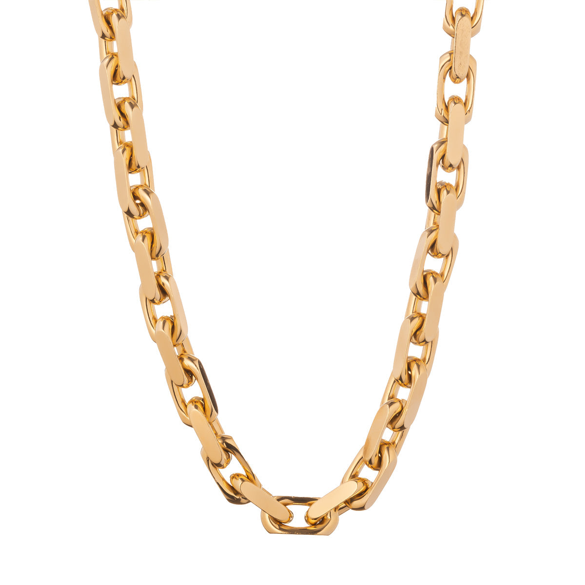 The Raffi&Co.® 14K Yellow Gold Fancy Link Chain Necklace is captured in a close-up, featuring thick, rectangular links that shine brilliantly. Arranged in a U-shape against a plain white background, the exquisite craftsmanship of each link is showcased.