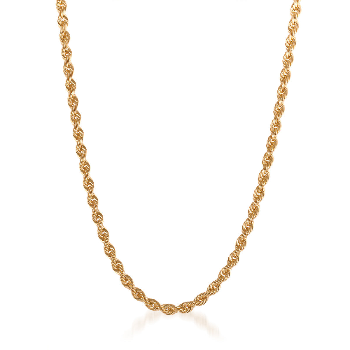 The Raffi&Co® 10K Yellow Gold Rope Chain Necklace, showcasing a twisted design, is elegantly set against a plain white background. Its 22-inch length and 4mm width highlight its symmetrical allure, with the clasp discreetly out of sight.