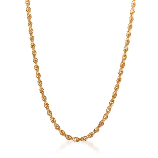 The Raffi&Co® 10K Yellow Gold Rope Chain Necklace, showcasing a twisted design, is elegantly set against a plain white background. Its 22-inch length and 4mm width highlight its symmetrical allure, with the clasp discreetly out of sight.