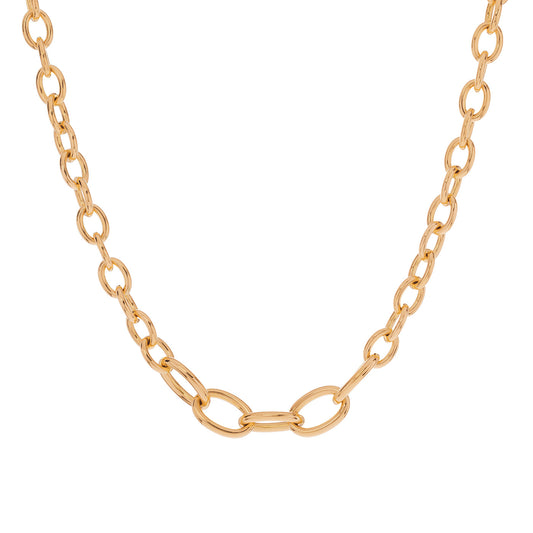 The Raffi&Co.® 18K Yellow Gold 20" Chain Necklace showcases an alternating pattern of large and small oval links, precisely arranged in symmetry. Set against a plain white background, this necklace radiates timeless elegance.