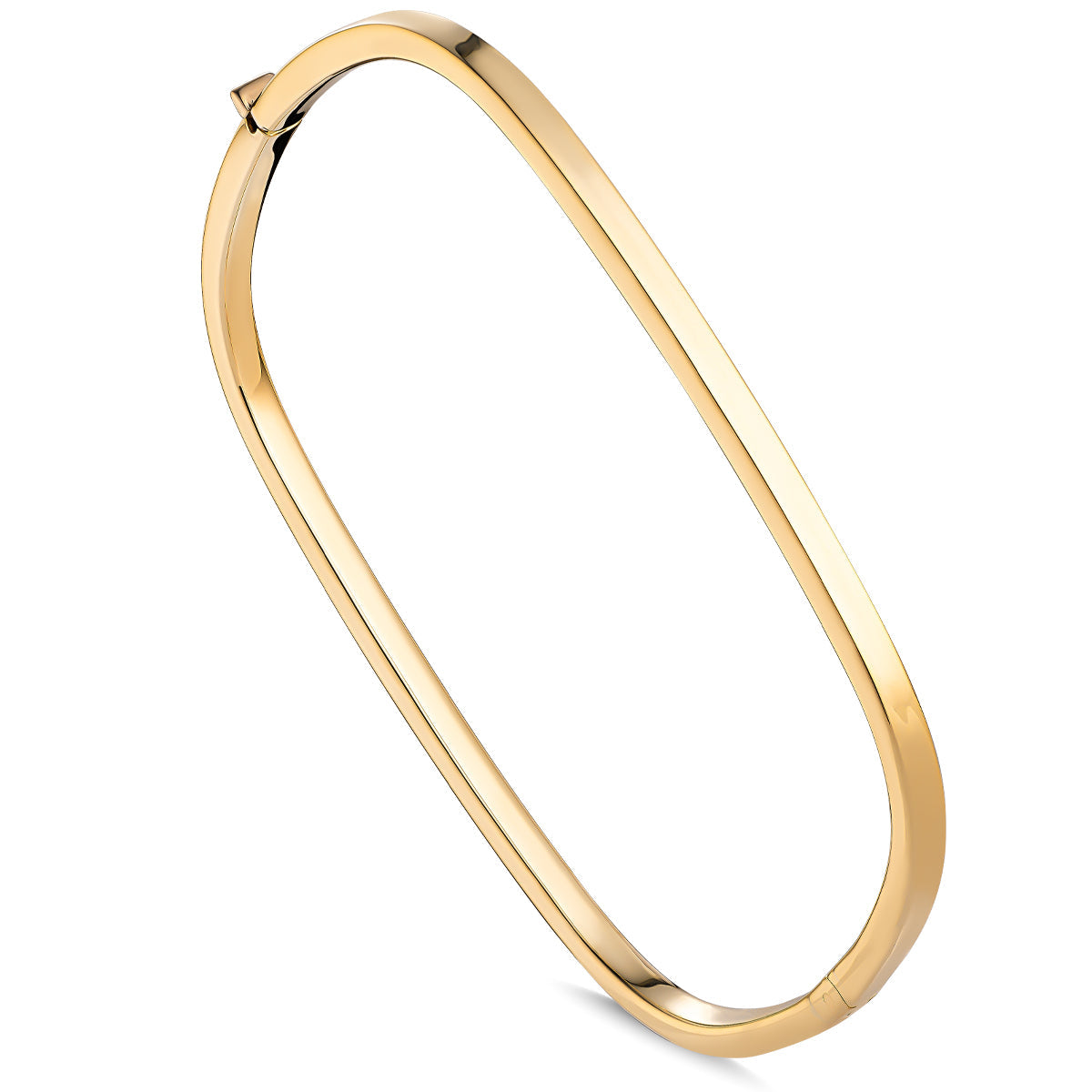 The Raffi&Co.® 18K Yellow Gold Bangle features an elegant, sleek design with a minimalist style, smooth finish, and a simple clasp closure. Its slightly oval shape and polished look subtly reflect light, embodying modern sophistication.